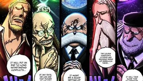 Arte conceptual de los cinco miembros del Gorosei en sus formas humanas, sentados alrededor de una mesa