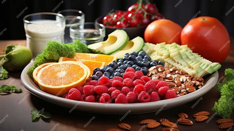 Plato con una dieta mediterránea equilibrada, rica en frutas, verduras, pescado y aceite de oliva