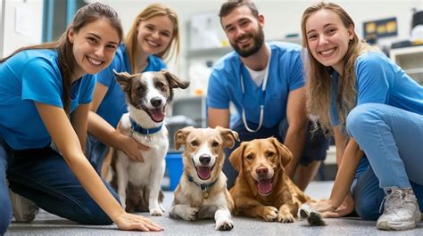 Composición de fotos de veterinarios sonrientes y mascotas felices
