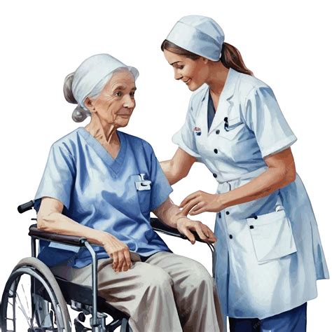 Ilustración de una enfermera sonriente atendiendo a un paciente mayor en su hogar.