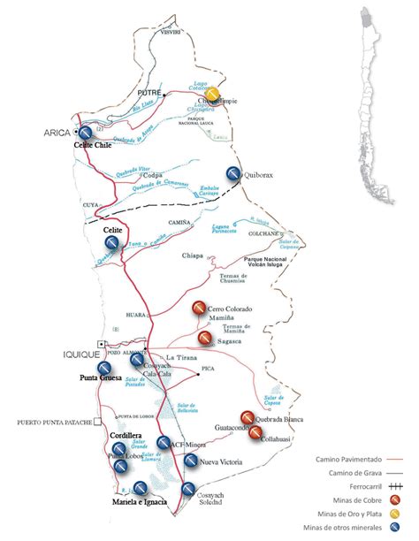 mapa de chile destacando las principales zonas mineras y la presencia de universidades con programas de ingeniería civil en minas