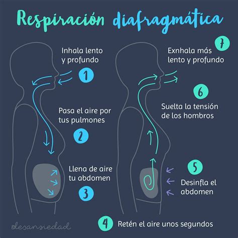 Infografía detallando los pasos de la respiración diafragmática.