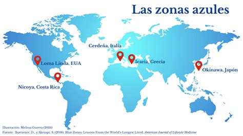 Mapa de las Zonas Azules del mundo, destacando la Península de Nicoya