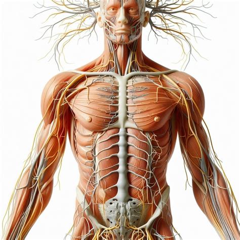 Esquema de la anatomía del sistema neuromuscular con nervios y músculos interconectados