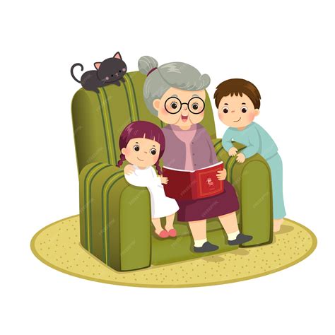 Ilustración de una abuela sonriendo y contando una historia a su nieto.