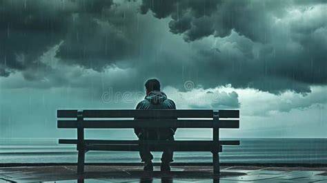 Una ilustración de un hombre mayor sentado bajo una lluvia suave, con gotas visibles y un semblante pensativo