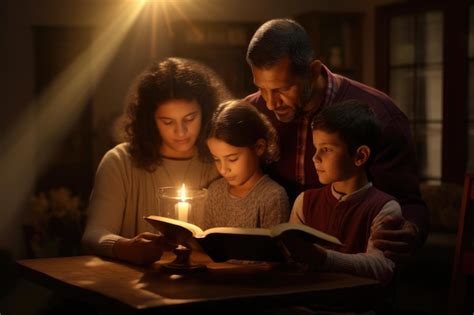 Foto temática: Una familia orando o leyendo la Biblia juntos, representando el buen gobierno familiar