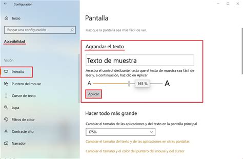 Captura de pantalla de la configuración del tamaño del texto en Windows