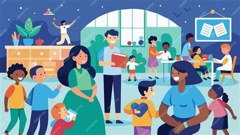 Ilustración de un centro comunitario moderno y accesible, con personas mayores participando en actividades