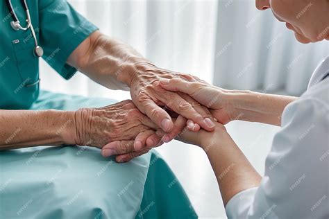 Fotografía temática de una enfermera sosteniendo la mano de un anciano en un entorno luminoso