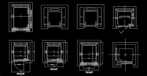 Esquema de un bloque DWG de ascensor en planta con sus medidas, simbología y partes principales