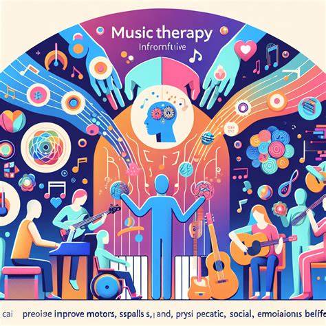 Infografía sobre beneficios de la musicoterapia en DI: atención, habilidades sociales, regulación emocional, lectura y lenguaje