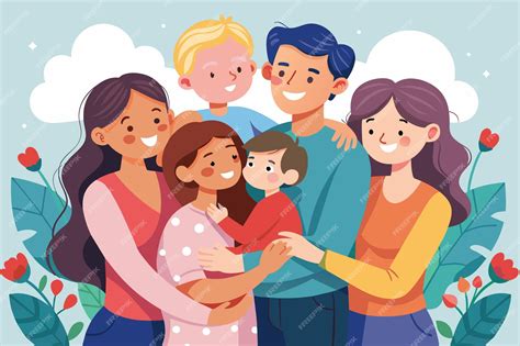 Ilustración conceptual de una familia sonriente abrazando a un niño o niña.