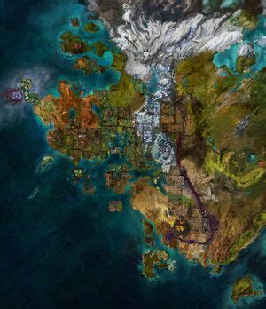Mapa de Tyria mostrando la dispersión de dragones ancianos y zonas de influencia