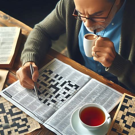 Persona mayor resolviendo un crucigrama con una taza de té