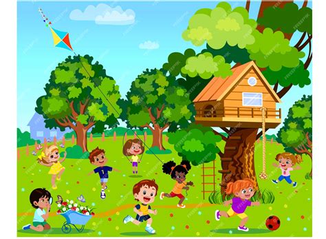 Ilustración de una casa antigua con niños jugando en el jardín