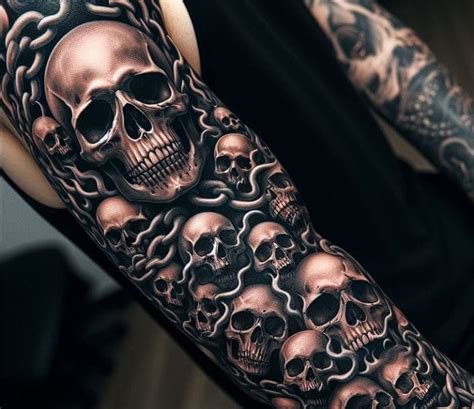 Retrato de Charles Helmke con énfasis en sus tatuajes de cráneos