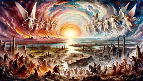Infografía que detalla los paralelos bíblicos del Armagedón: el juicio de los dioses egipcios, el lamento de Hadad-Rimón y el secado del río Éufrates.