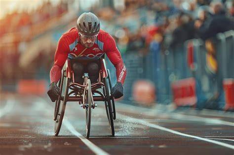 Atleta paralímpico en silla de ruedas compitiendo