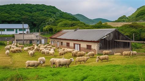 Campo con ovejas pastando y una granja al fondo