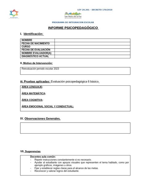 Esquema que muestra la estructura del informe psicopedagógico según las directrices del Mineduc