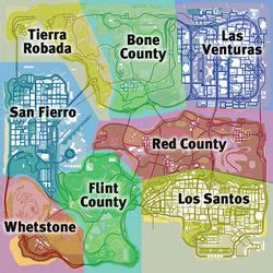 mapa del estado de San Andreas con sus tres ciudades principales: Los Santos, San Fierro y Las Venturas
