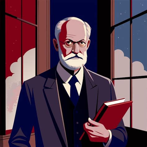 Ilustración de Sigmund Freud analizando un sueño con símbolos abstractos de persecución.