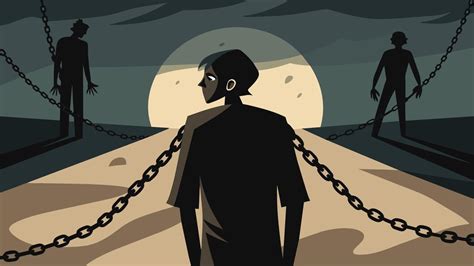 Figura humana intentando moverse en un sueño, con cadenas simbólicas o ataduras.