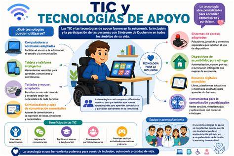 Infografía: ejemplos de tecnologías de apoyo para discapacidad motriz (teclados adaptados, ratones orientados a cabeza, SAAC, pulsadores)