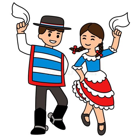 Ilustración de personas bailando cueca con el fondo de la bandera chilena