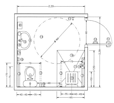 Esquema de un baño adaptado mostrando la ubicación estratégica de barras rectas, curvas y abatibles cerca del inodoro y la ducha.