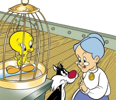 Ilustración de la Abuelita de Looney Tunes en su estilo clásico, protegiendo a Piolín.