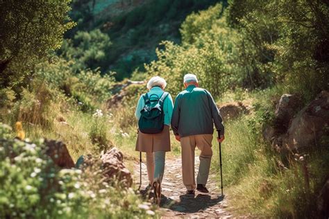 Pareja de adultos mayores disfrutando de una ruta de senderismo en la montaña