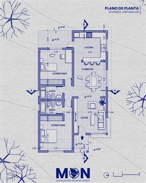 Plano de planta de una vivienda con pasillos amplios y espacios despejados
