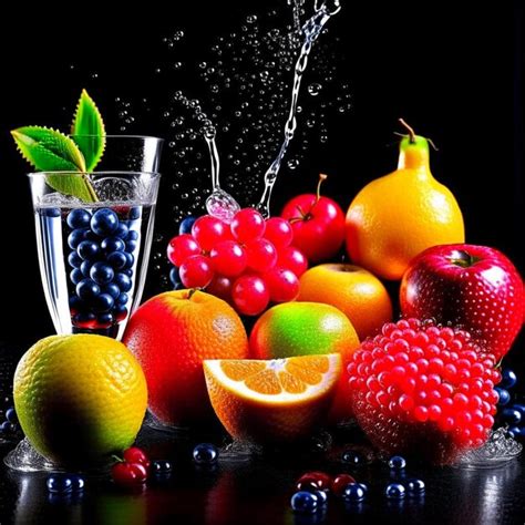 Fotografía temática: Vaso de agua junto a frutas y verduras