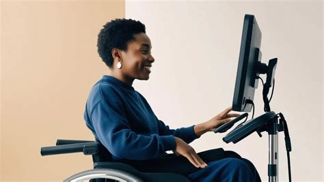 Persona con discapacidad utilizando tecnología adaptada para interactuar con un ordenador