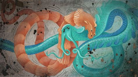 Ilustración artística del mito de Kai Kai Filu y Xen Xen, mostrando el conflicto entre la serpiente marina y la montaña.