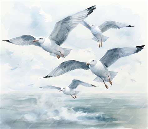 Ilustración de gaviotas volando en formación con una luz brillante de fondo