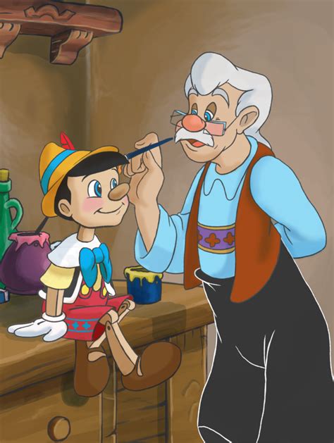 Geppetto tallando a Pinocho en su taller