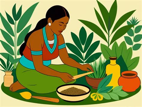 Ilustración de un curandero tradicional realizando un ritual con hierbas y amuletos.