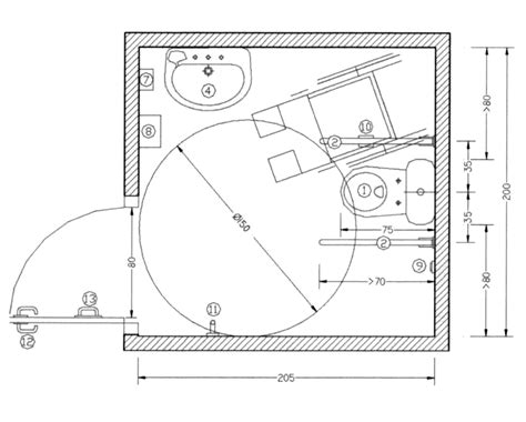 Plano de un baño adaptado para personas con discapacidad según la normativa española