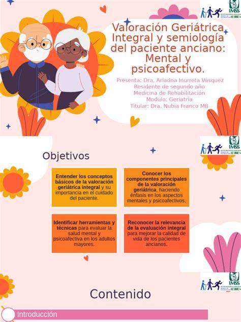 Diagrama conceptual de Valoración Geriátrica Integral: ejes físico, mental y social con escalas asociadas