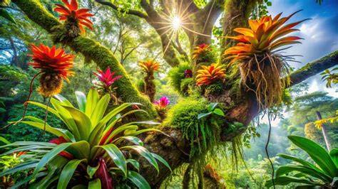 Ilustración de bromelias en el dosel amazónico