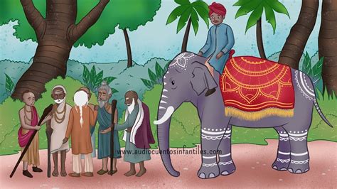 Ilustración de seis sabios ciegos tocando diferentes partes de un elefante