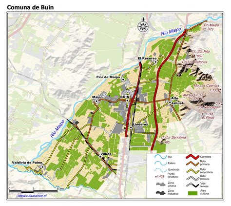 Mapa de la comuna de Buin, destacando la ubicación del centro Alihuén de Coanil.