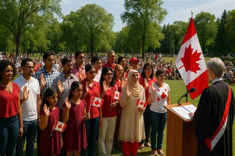 Foto de una ceremonia de ciudadanía canadiense con personas prestando juramento.