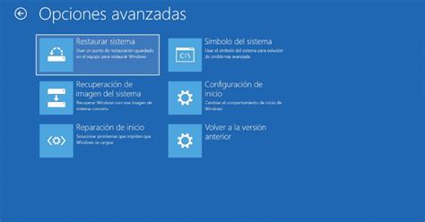 Pantalla de opciones avanzadas de recuperación de Windows