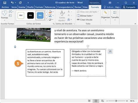 Captura de pantalla: Inserción de cuadros de texto con datos personales en Word