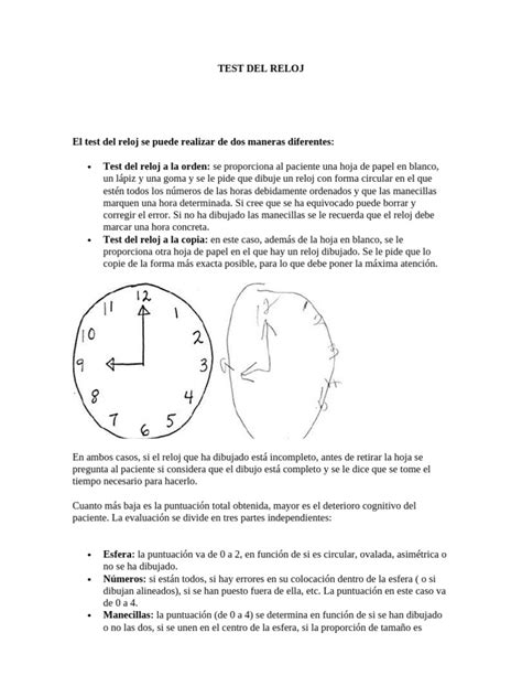 Esquema ilustrativo del proceso de aplicación del test del reloj, mostrando la hoja en blanco y los elementos necesarios para la evaluación.