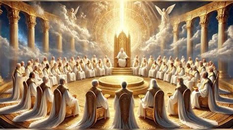 ilustración de los 24 ancianos vestidos de blanco alrededor del trono celestial